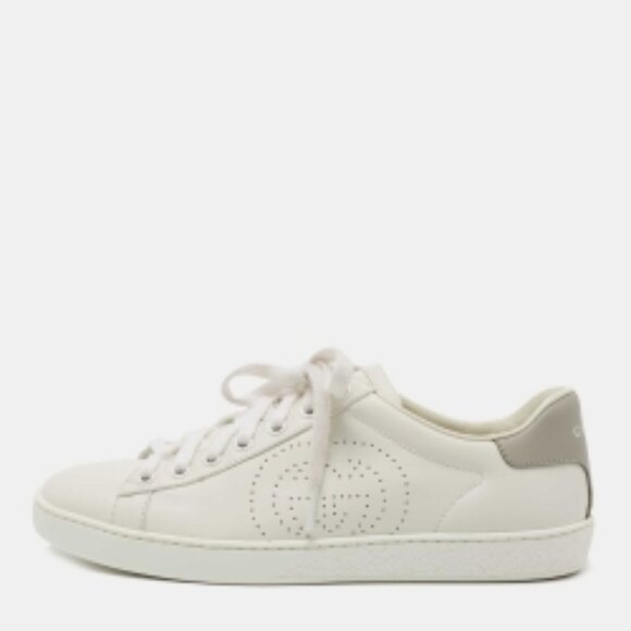 GUCCI Ace Perforated Interlocking GG Leather Sneakers in White Gray Size 40 - Picture 1 of 8